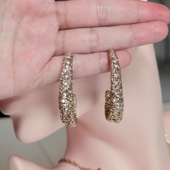 Gold Crystal Pavé Textured Earrings - Elegant Women's Jewelry - Picture 8 of 9